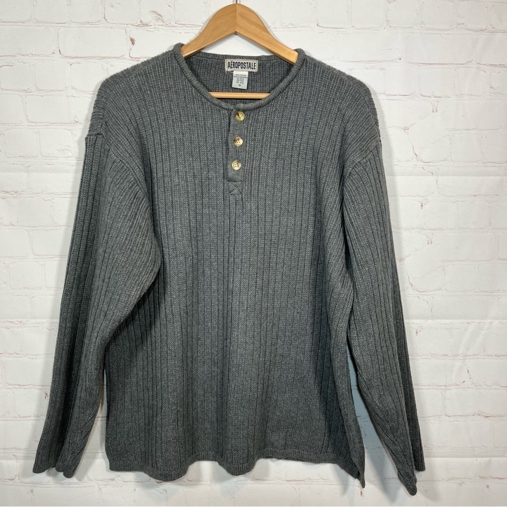 Vintage Aeropostale Sweater Mens Size Medium Gray Henley Knit Ribbed Pullover